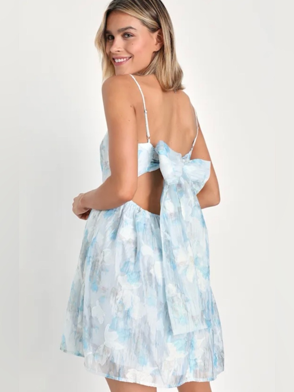 Lulus Delicate Charm Light Blue Floral Jacquard Organza Mini Dress S NWT - Picture 2 of 6